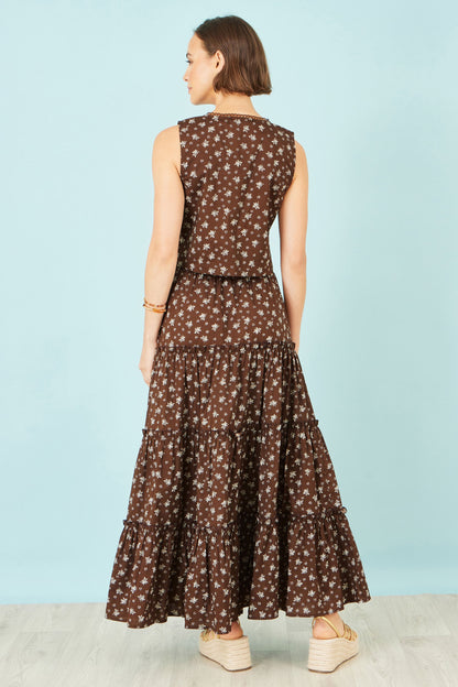 Yumi Brown Daisy Print Maxi Skirt