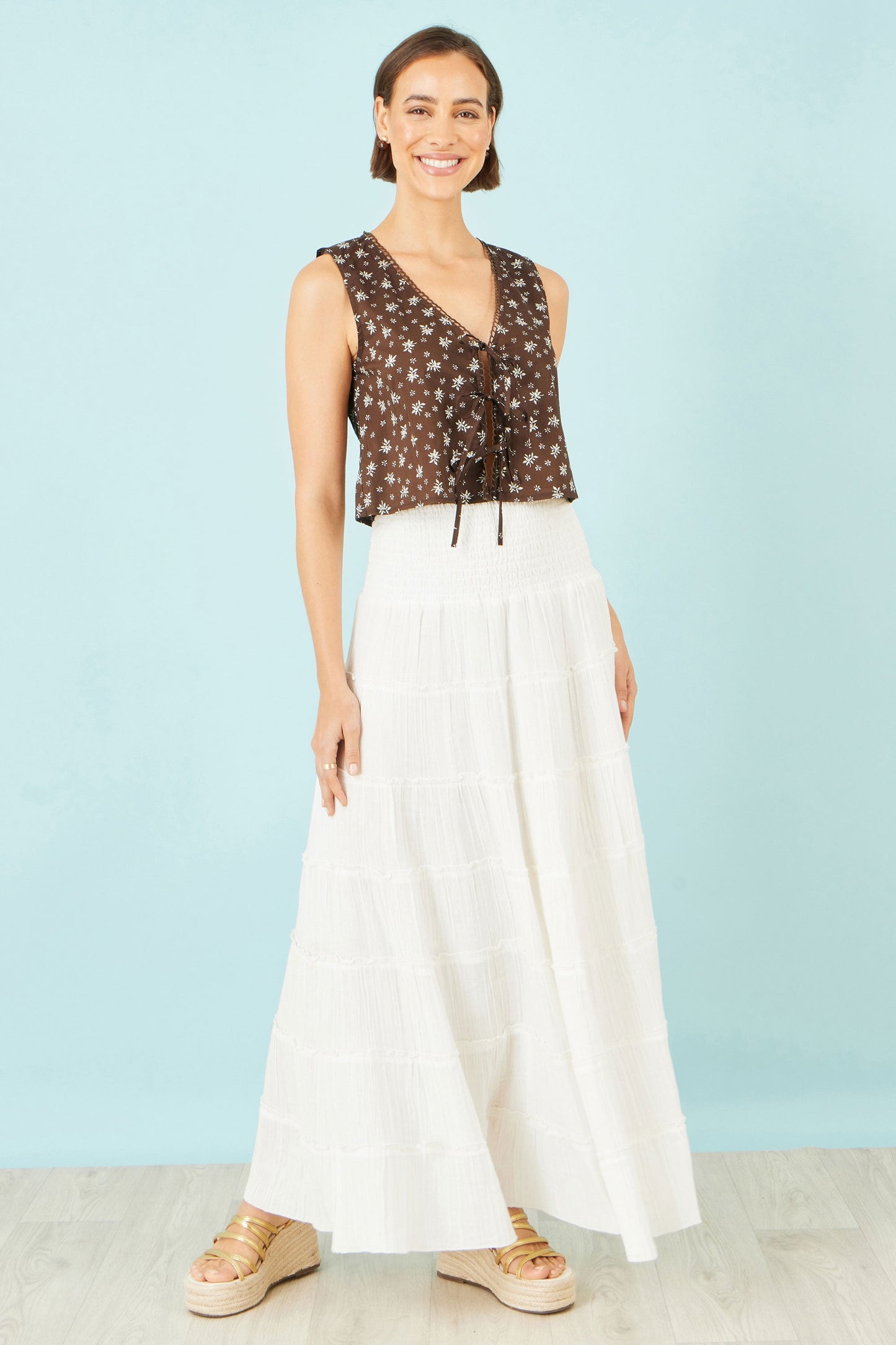Yumi Brown Cotton Daisy Print Waistcoat Top