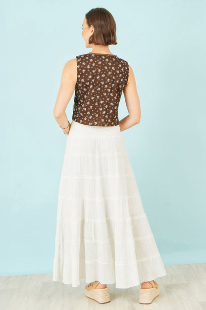 Yumi Brown Cotton Daisy Print Waistcoat Top