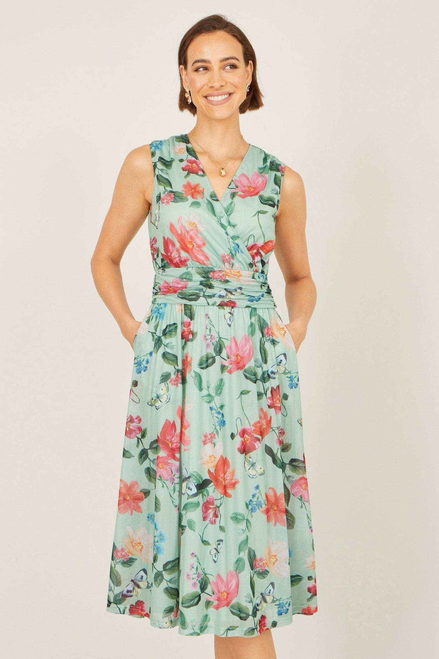 Yumi Mint Blurred Floral Mesh Wrap Midi Dress