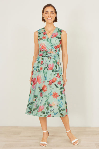 Yumi Mint Blurred Floral Mesh Wrap Midi Dress