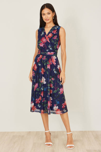 Yumi Navy Blurred Floral Print Mesh Stretch Midi Dress With Pockets