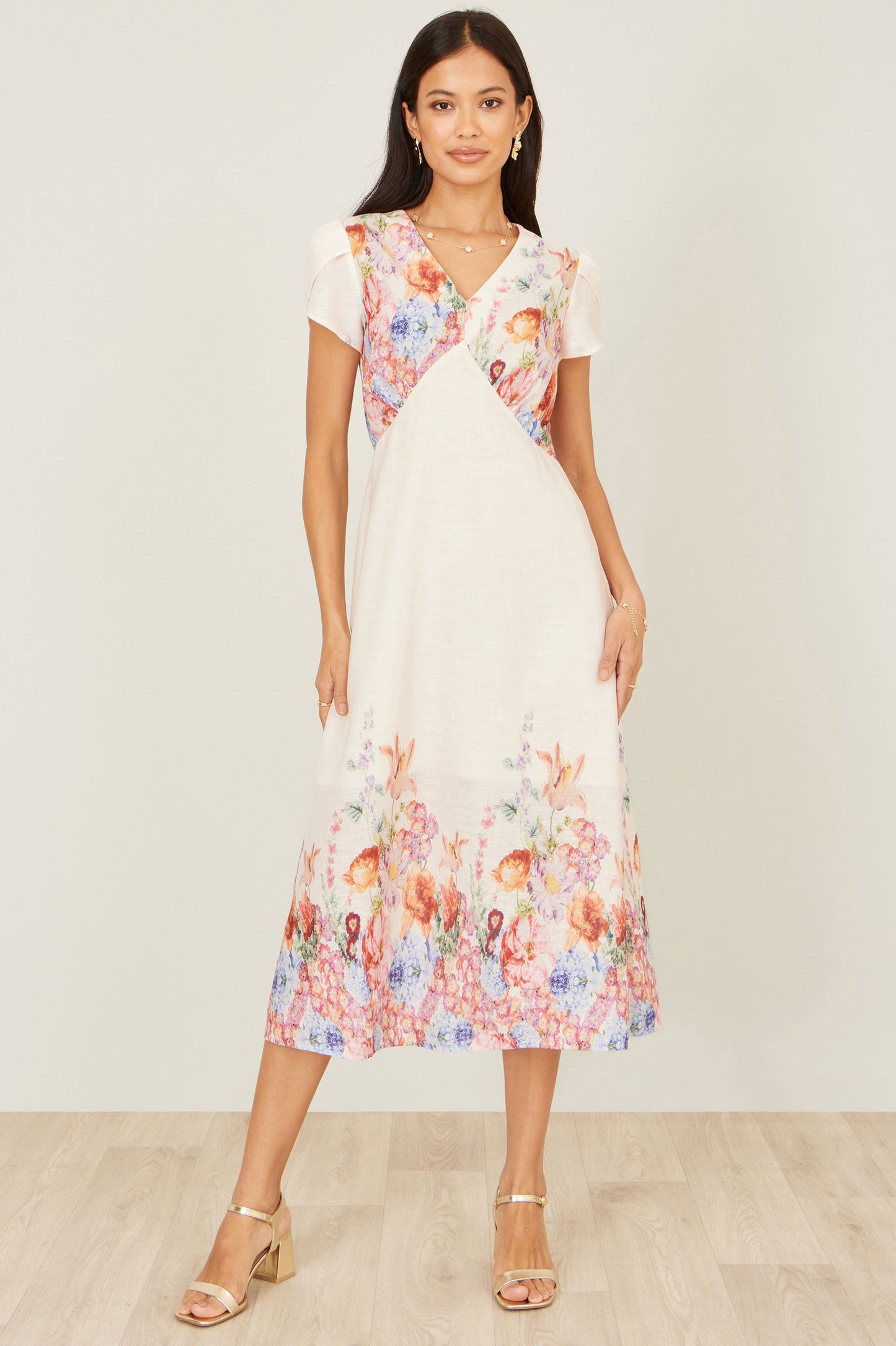 Yumi Pink Border Floral Midi Dress