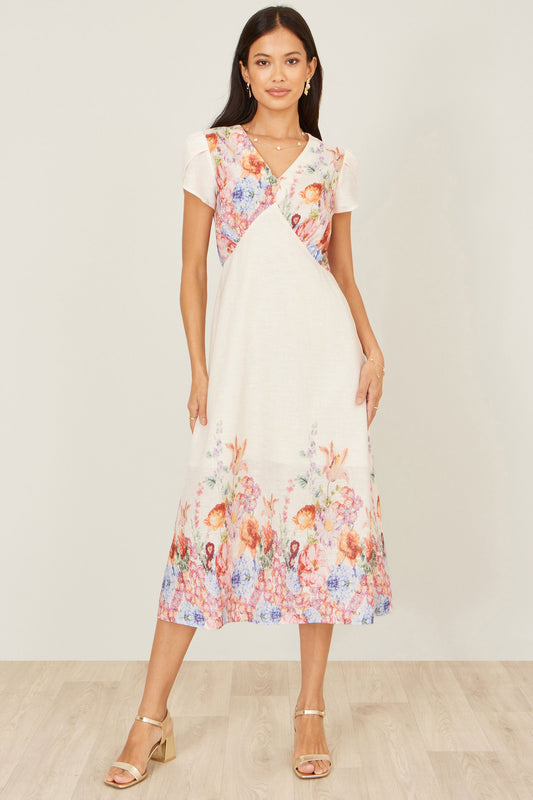 Yumi Pink Border Floral Midi Dress