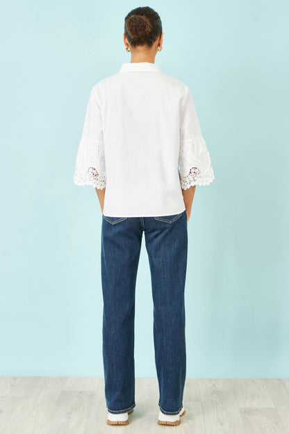 Yumi White Cotton Lace Border Shirt