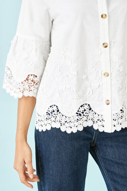Yumi White Cotton Lace Border Shirt