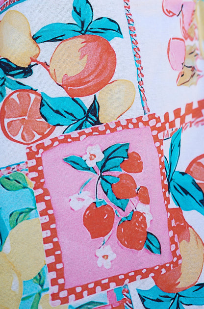 Yumi Multicolour Fruit Print Midi Sun Dress Ruched Back