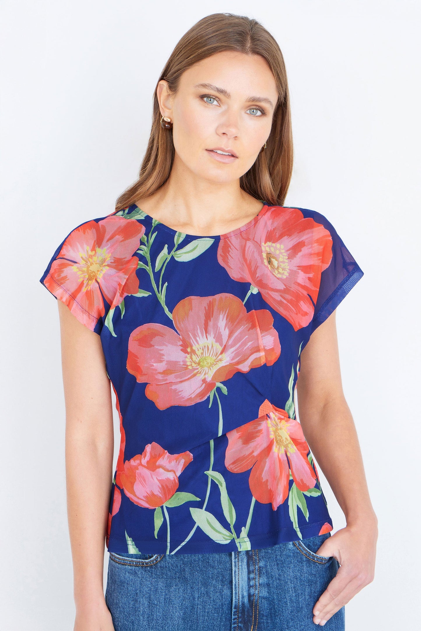 Yumi Navy Poppy Mesh Top