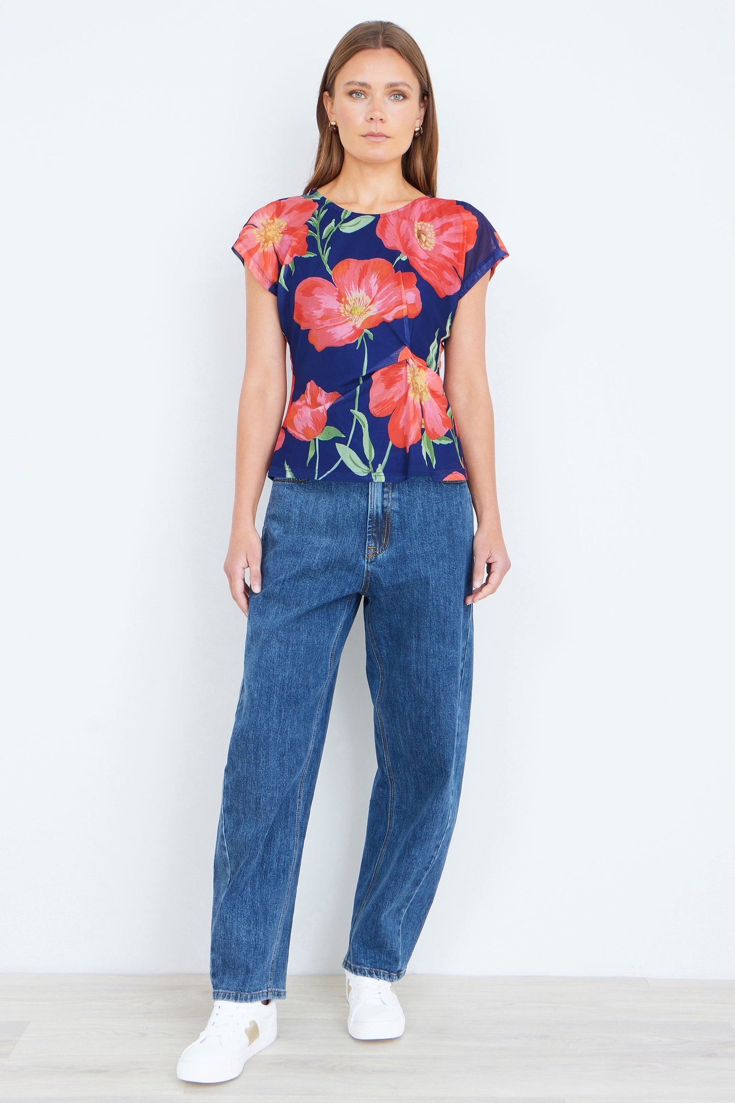 Yumi Navy Poppy Mesh Top