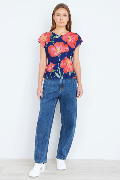 Yumi Navy Poppy Mesh Top