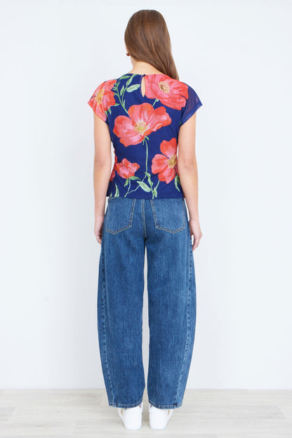 Yumi Navy Poppy Mesh Top