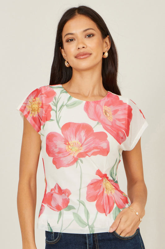 Yumi Ivory Poppy Print Mesh Top