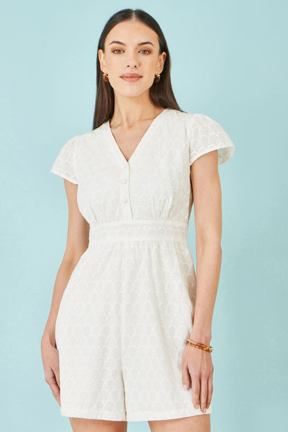 Yumi White Cotton Broderie Anglaise Playsuit