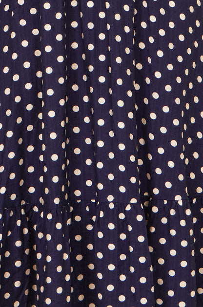 Yumi Navy Spot Ruched Waist Midi Dress