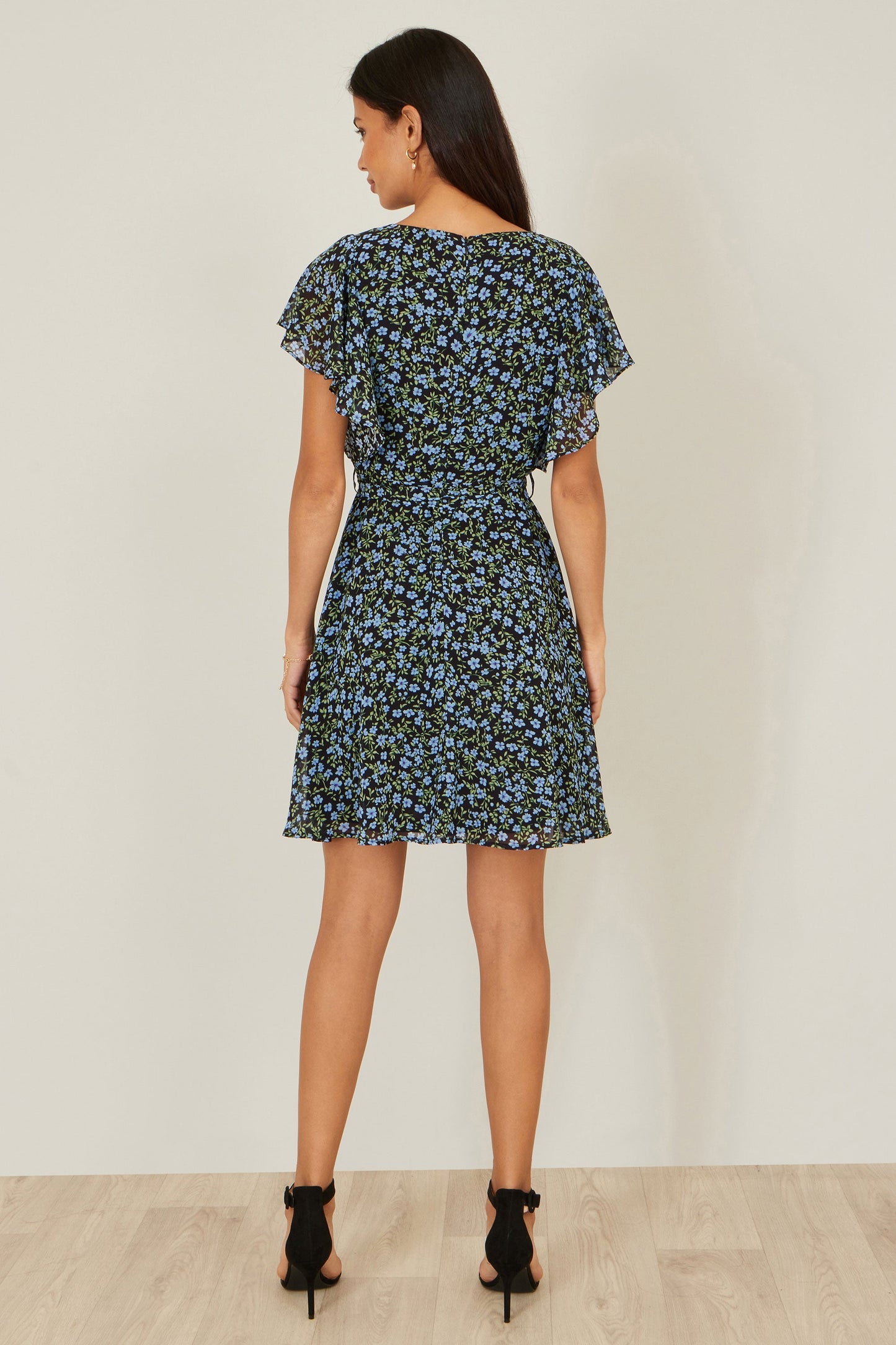 Yumi Blue Ditsy Print Floral Skater Dress