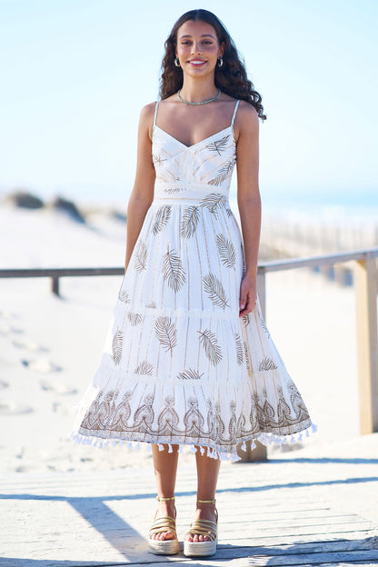 Yumi Ivory Foil Print Midi Sun Dress With Lace Trims