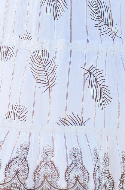 Yumi Ivory Foil Print Midi Sun Dress With Lace Trims