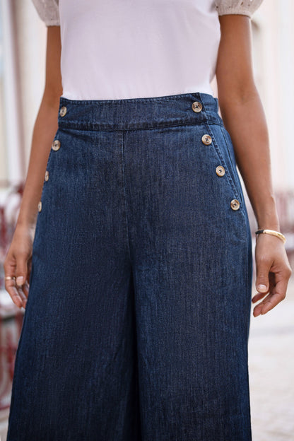 Yumi Blue Chambray Wide Leg Trousers With Button Details
