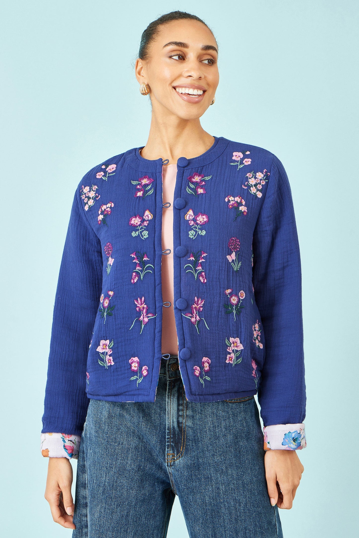 Yumi Blue Floral Embroidery Cotton Jacket
