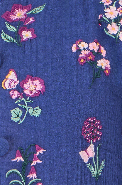 Yumi Blue Floral Embroidery Cotton Jacket