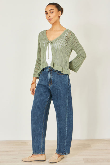 Yumi Green Tie Front Pointelle Cardigan