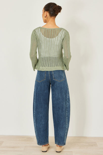 Yumi Green Tie Front Pointelle Cardigan