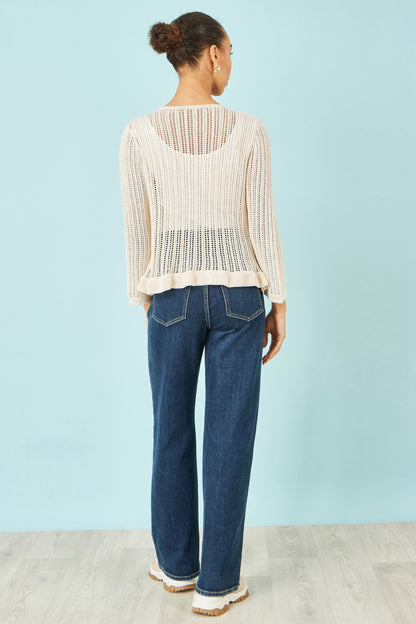 Yumi Beige Tie Front Pointelle Cardigan