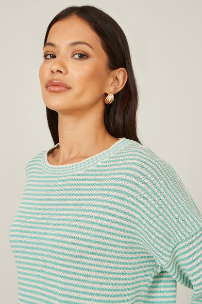 Yumi Sea Green Knitted Stripe Relaxed Jumper