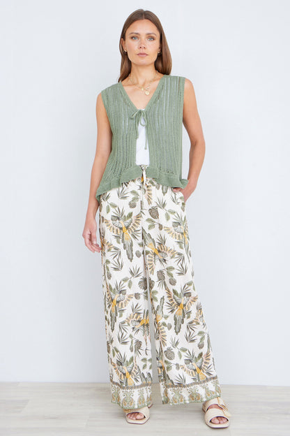 Yumi Green Knitted Cotton Tie Waistcoat Top