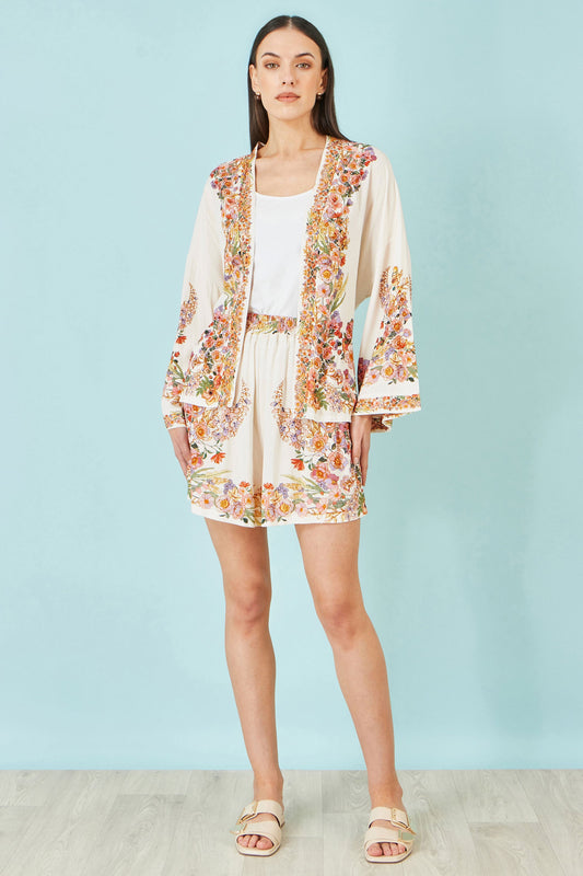 Yumi Ivory Viscose Floral Border Kimono With Tie Belt