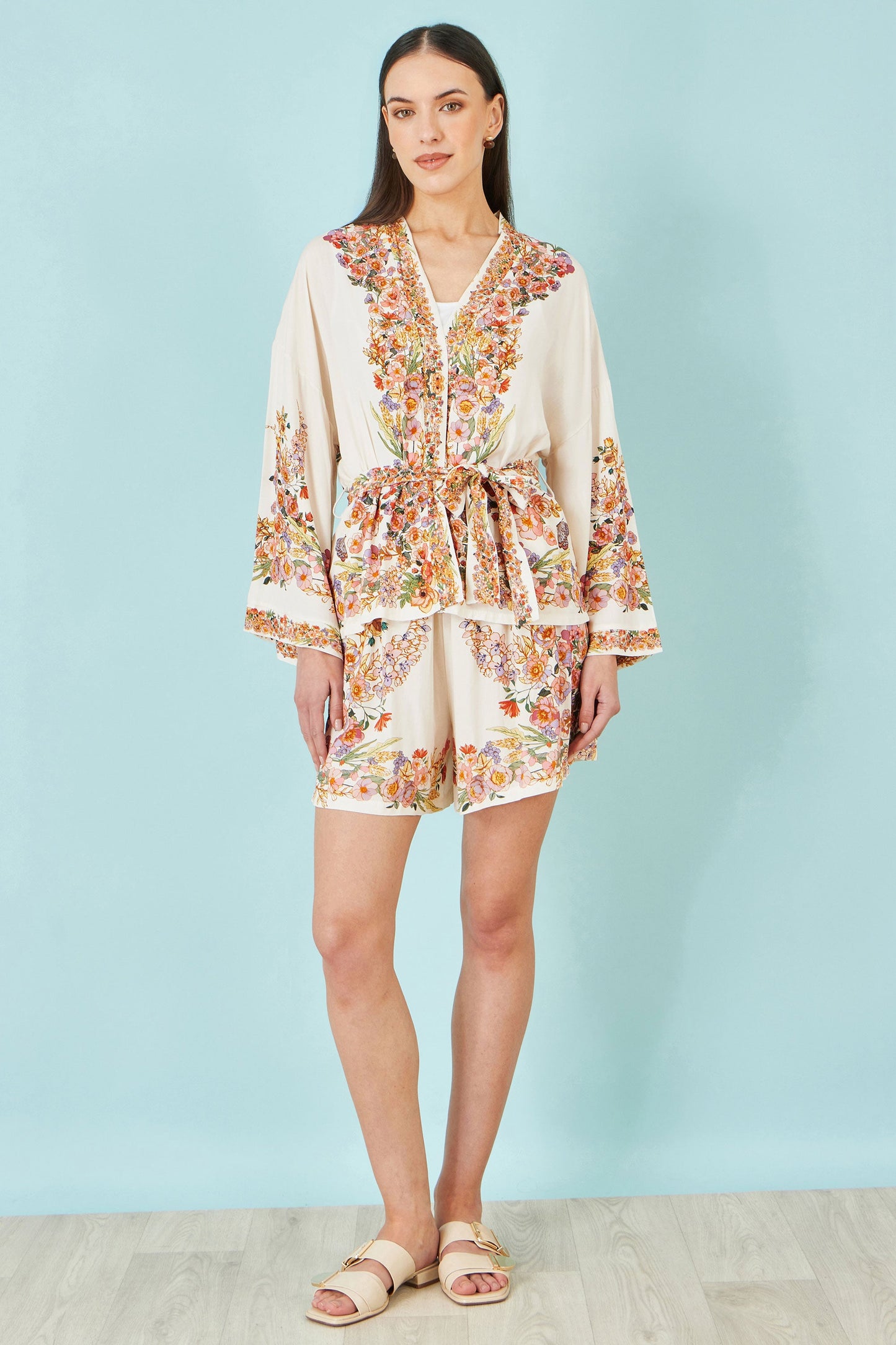 Yumi Ivory Viscose Floral Border Kimono With Tie Belt