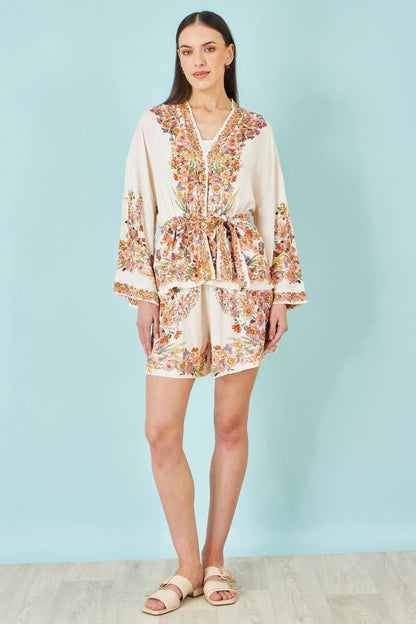 Yumi Ivory Viscose Floral Border Kimono With Tie Belt