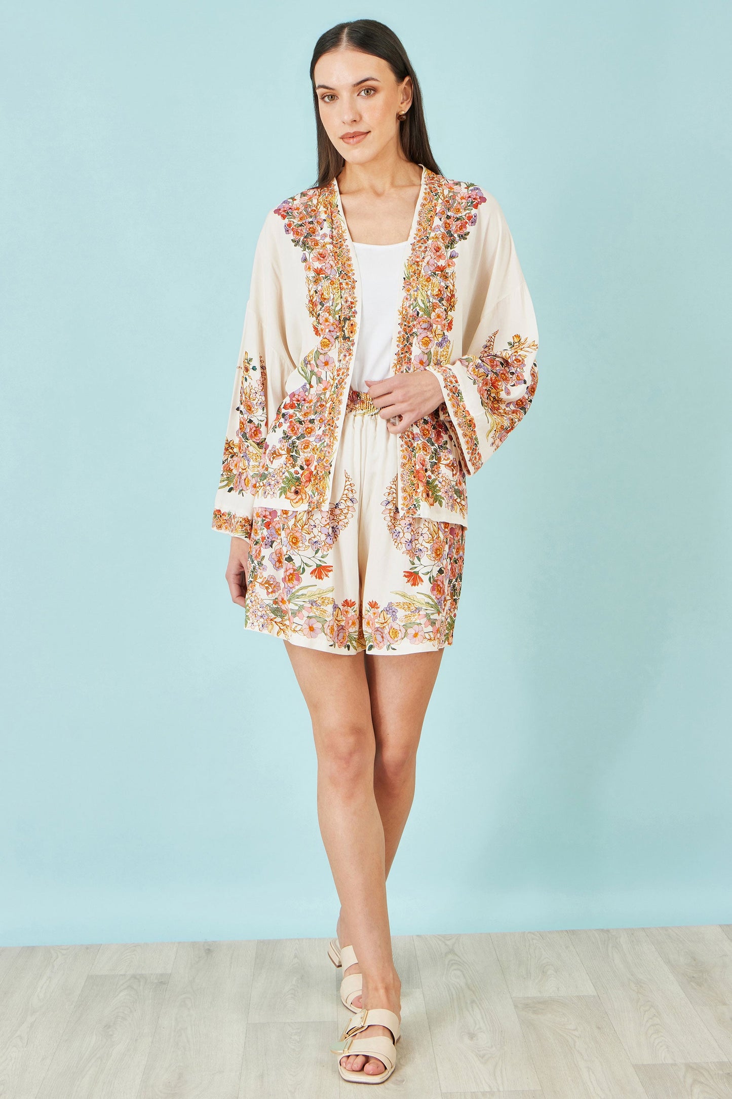 Yumi Ivory Viscose Floral Border Kimono With Tie Belt