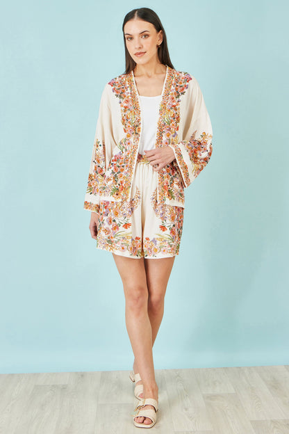 Yumi Ivory Viscose Floral Border Kimono With Tie Belt