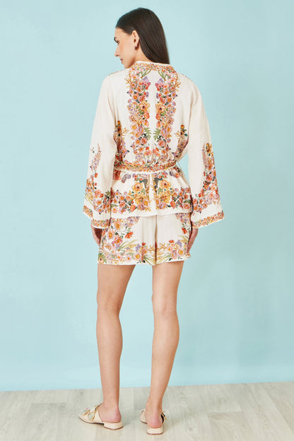 Yumi Ivory Viscose Floral Border Kimono With Tie Belt