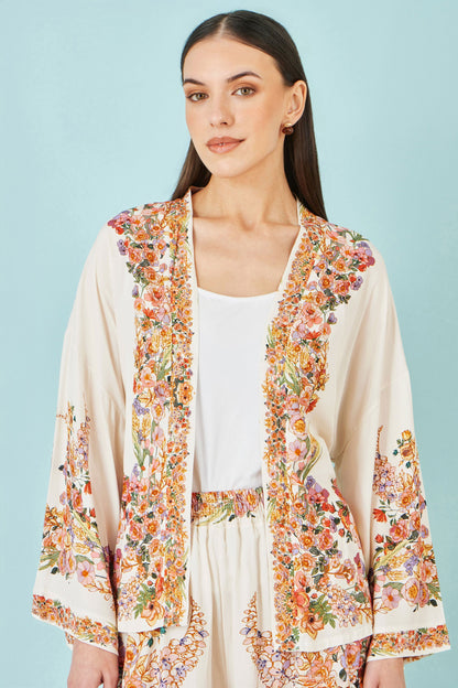 Yumi Ivory Viscose Floral Border Kimono With Tie Belt