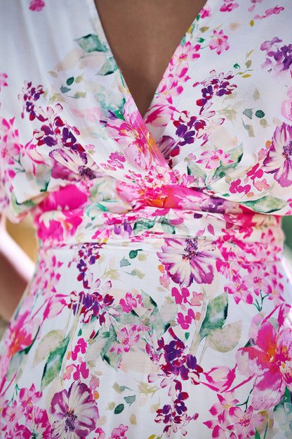 Yumi Pink Mirror Floral Print Ruched Waist Kimono Midi Dress