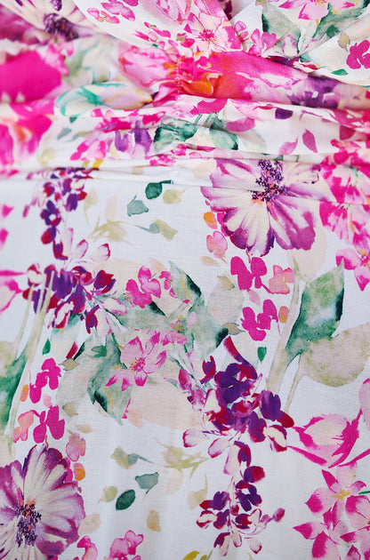 Yumi Pink Mirror Floral Print Ruched Waist Kimono Midi Dress