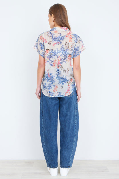Yumi White Cotton Paisley Print Tie Knot Shirt