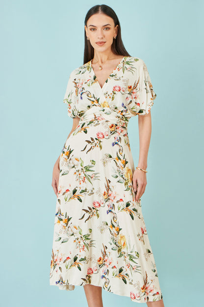 Yumi Ivory Viscose Floral Print Midi Dress With Ruched Waist