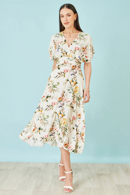 Yumi Ivory Viscose Floral Print Midi Dress With Ruched Waist