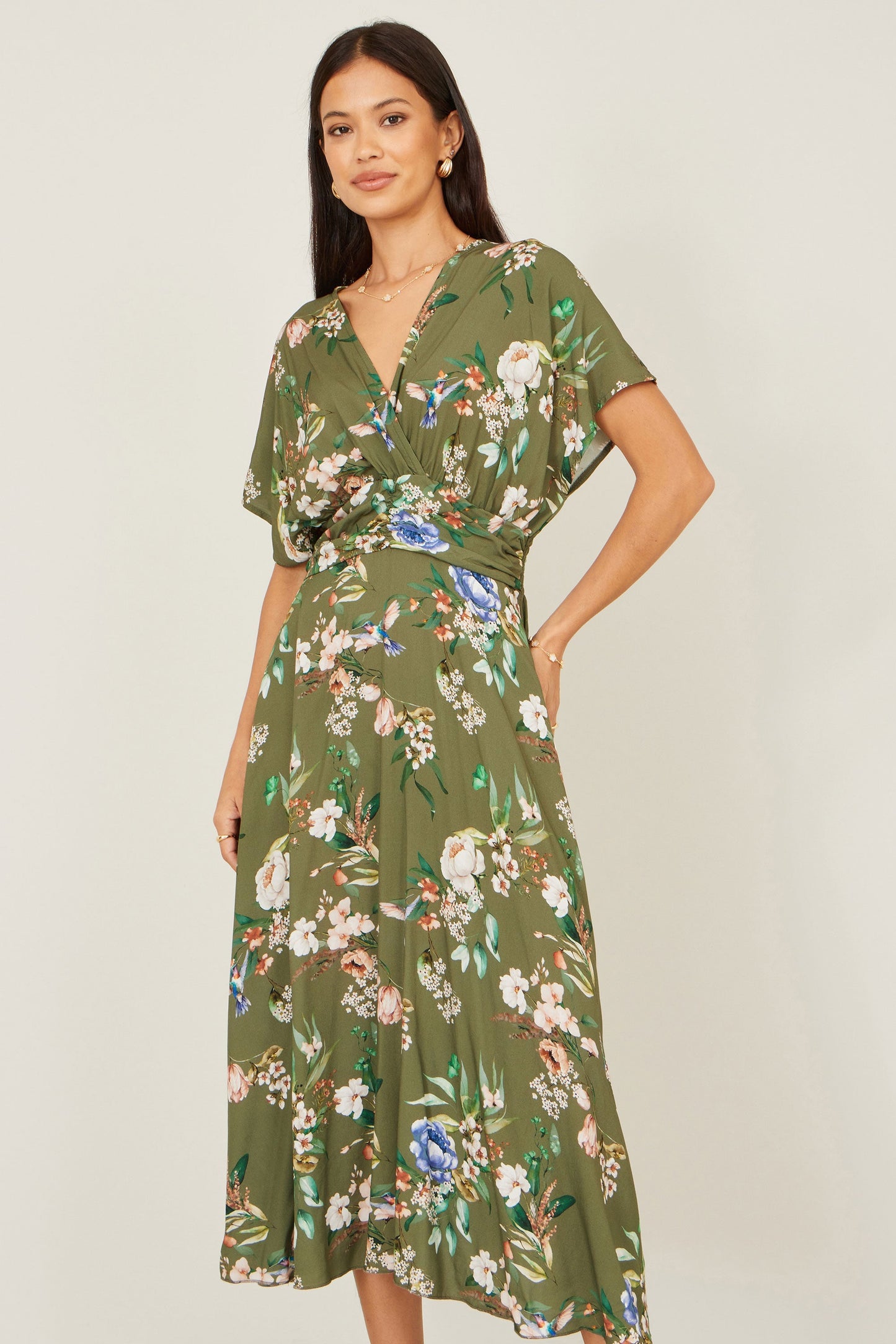 Yumi Sage Green Viscose Floral Print Midi Dress With Ruched Waist