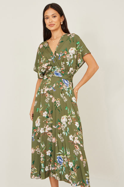 Yumi Sage Green Viscose Floral Print Midi Dress With Ruched Waist