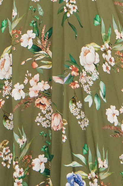 Yumi Sage Green Viscose Floral Print Midi Dress With Ruched Waist