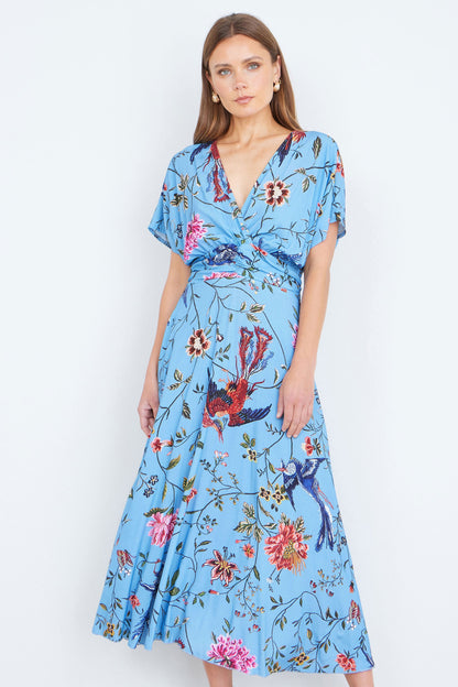 Yumi Blue Viscose Bird And Floral Print Midi Dress With Ruched Waist