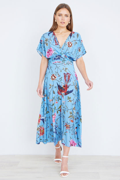 Yumi Blue Viscose Bird And Floral Print Midi Dress With Ruched Waist