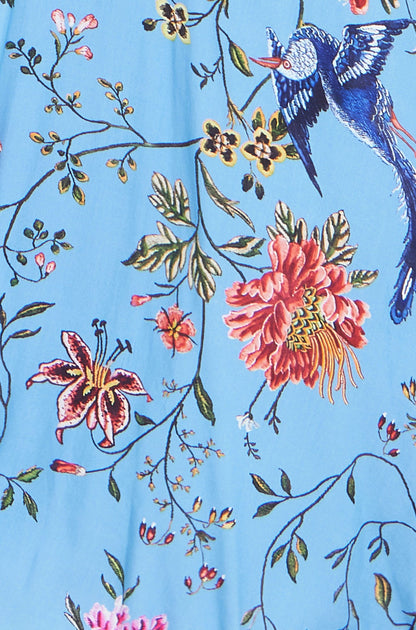 Yumi Blue Viscose Bird And Floral Print Midi Dress With Ruched Waist