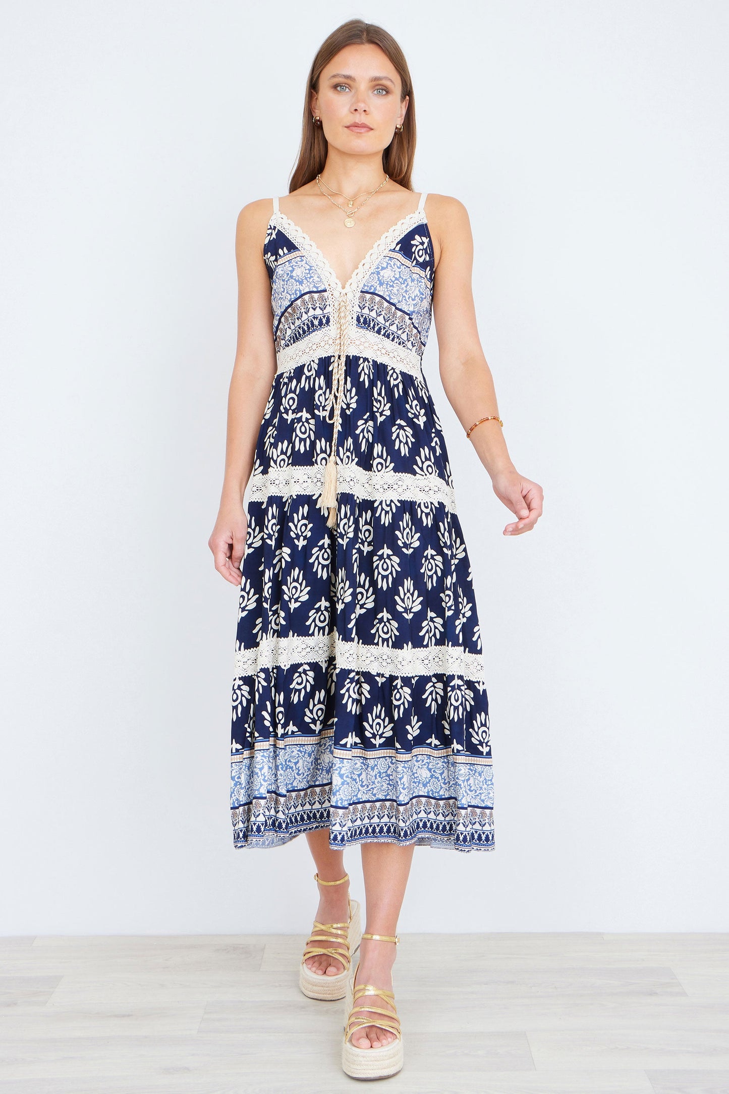 Yumi Navy Viscose Paisley Print Midi Sun Dress
