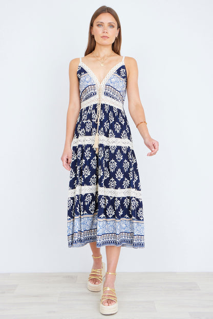 Yumi Navy Viscose Paisley Print Midi Sun Dress