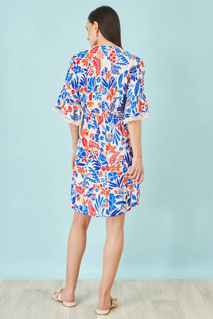 Yumi Multicolour Leaf Print Viscose Kimono Sleeve Tunic